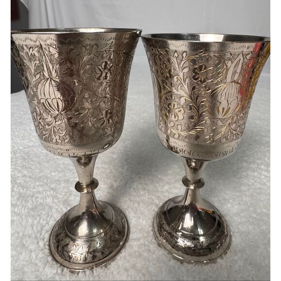 WORLD GIFT ZY INDIA Silver Plated Brass With Etched Design Set Of 2 Goblets - Picture 2 of 14
